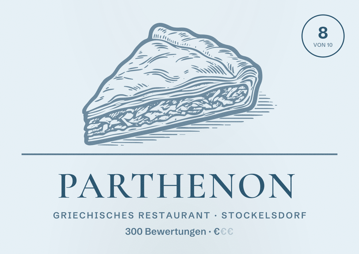 Illustriertes Poster von Parthenon, Griechisches Restaurant in Stockelsdorf: Bewertung 8 von 10 aus 300 Bewertungen, Preisniveau €