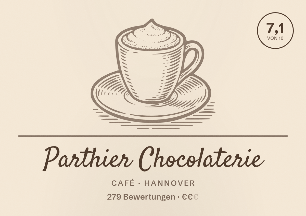 Illustriertes Poster von Parthier Chocolaterie, Café in Hannover: Bewertung 7,1 von 10 aus 279 Bewertungen, Preisniveau €€