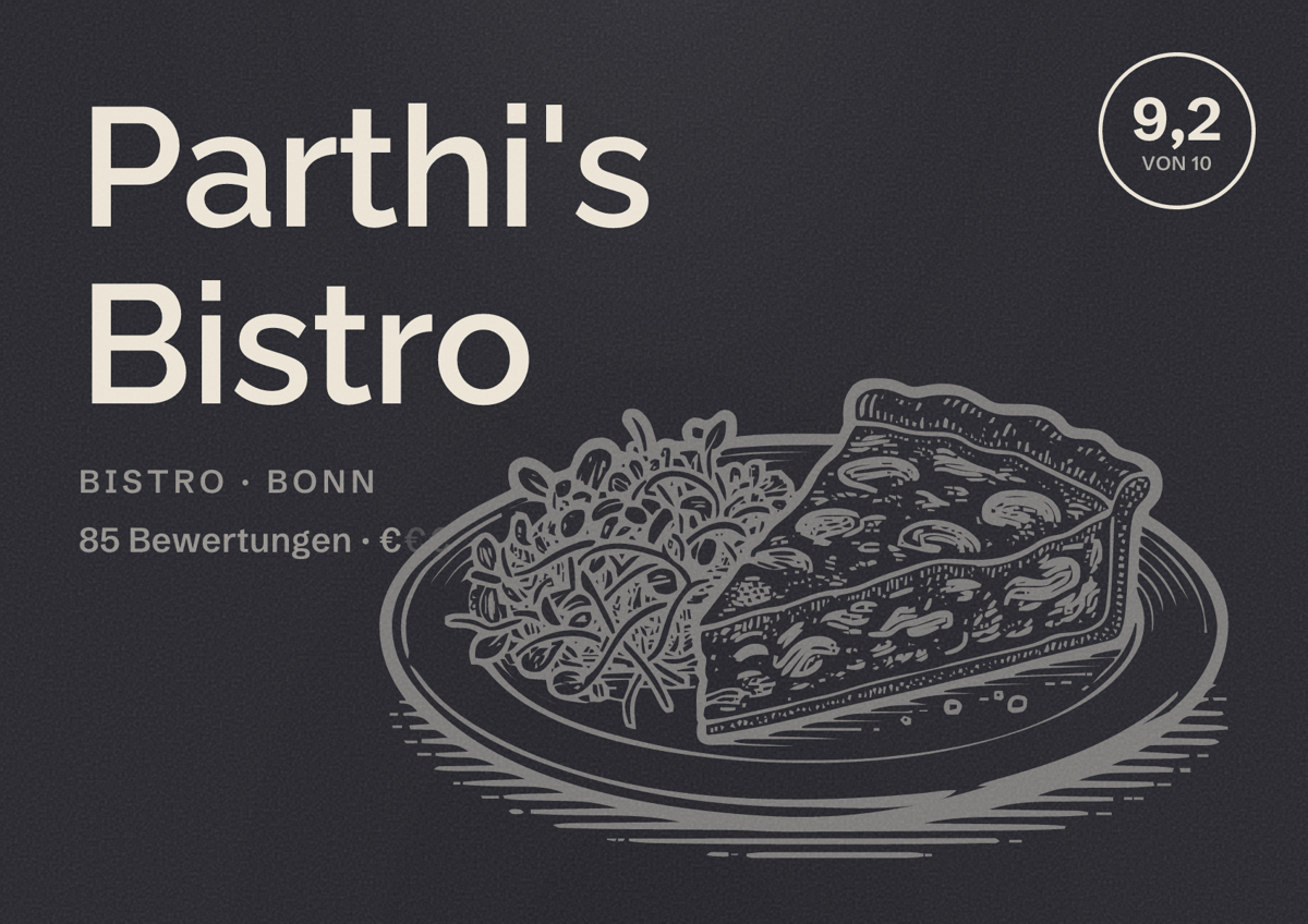 Illustriertes Poster von Parthi's Bistro, Bistro in Bonn: Bewertung 9,2 von 10 aus 85 Bewertungen, Preisniveau €