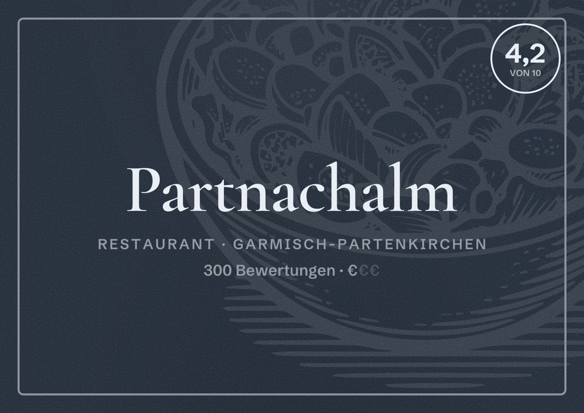Illustriertes Poster von Partnachalm, Restaurant in Garmisch-Partenkirchen: Bewertung 4,2 von 10 aus 300 Bewertungen, Preisniveau €