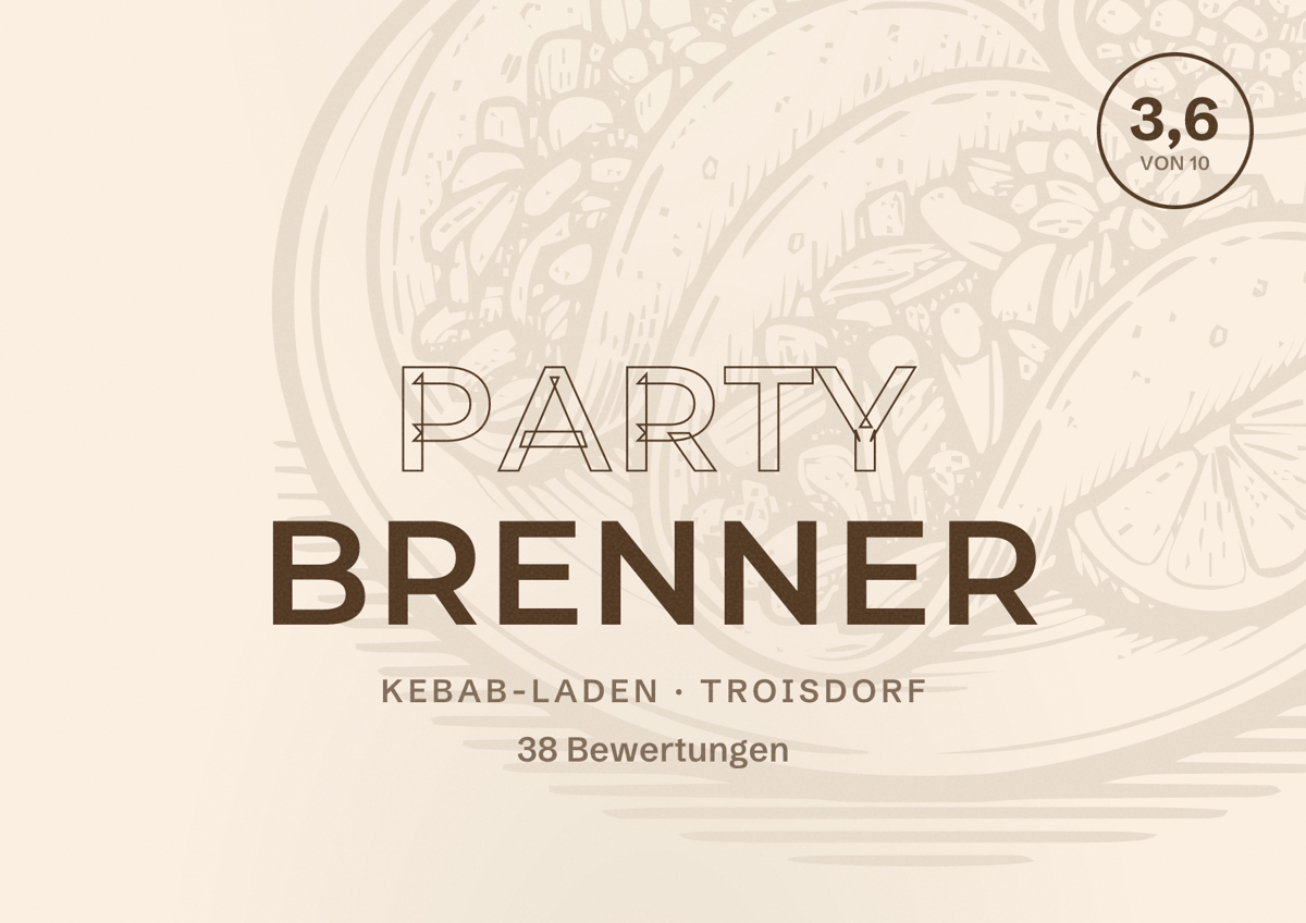 Illustriertes Poster von Party Brenner, Kebab-Laden in Troisdorf: Bewertung 3,6 von 10 aus 38 Bewertungen