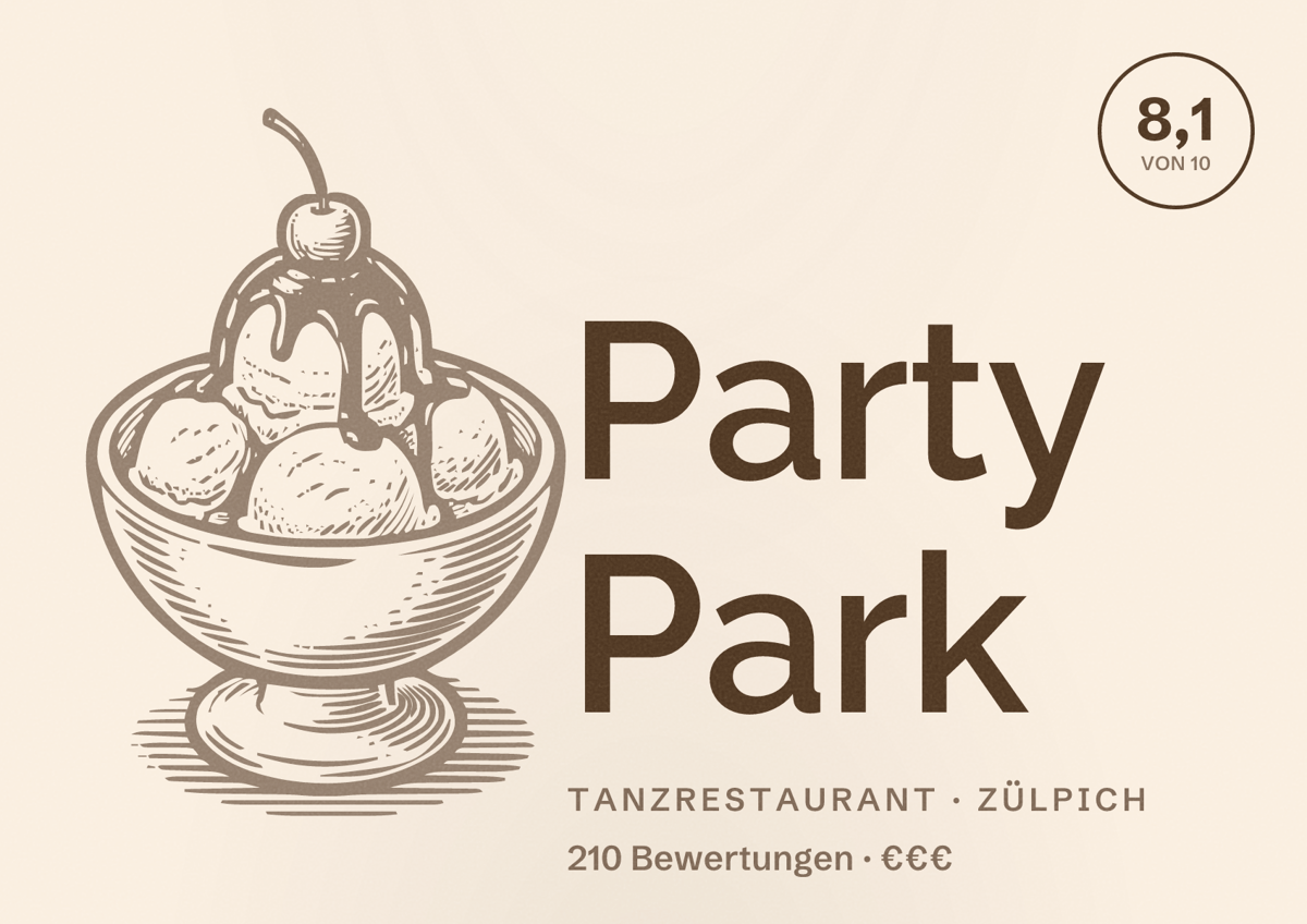Illustriertes Poster von Party Park, Tanzrestaurant in Zülpich: Bewertung 8,1 von 10 aus 210 Bewertungen, Preisniveau €€€