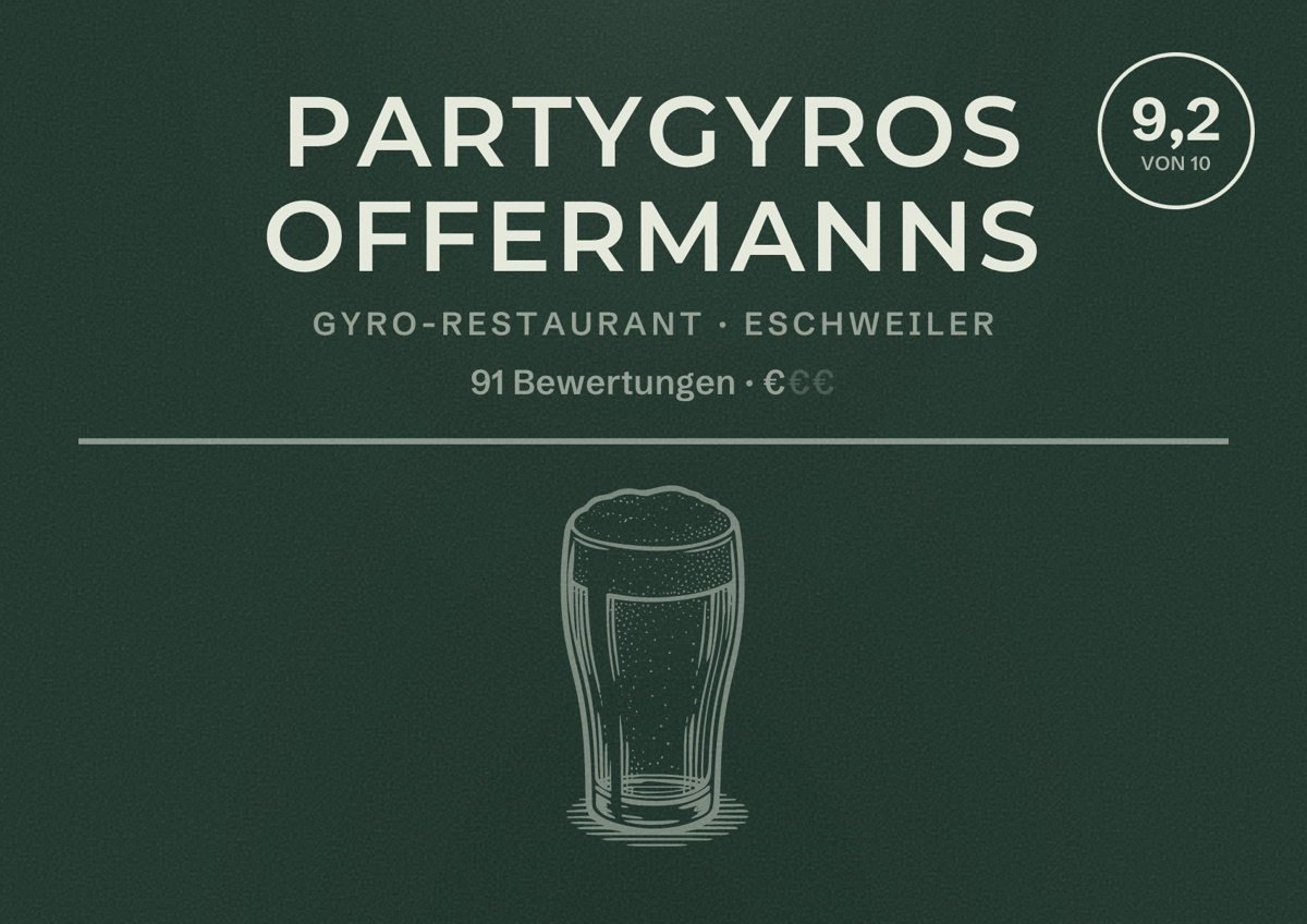 Illustriertes Poster von Partygyros Offermanns, Gyro-Restaurant in Eschweiler: Bewertung 9,2 von 10 aus 91 Bewertungen, Preisniveau €