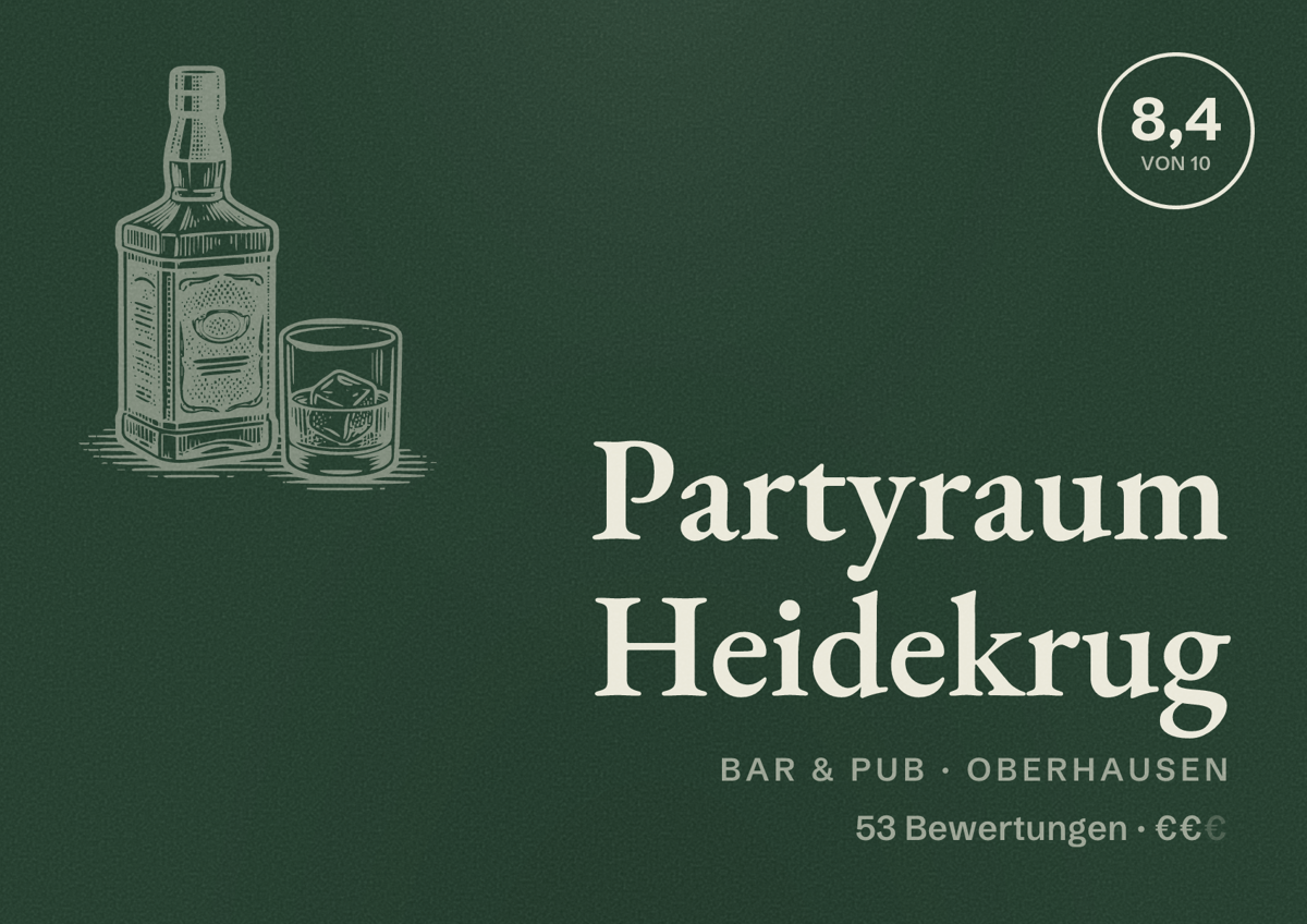 Illustriertes Poster von Partyraum Heidekrug, Bar & Pub in Oberhausen: Bewertung 8,4 von 10 aus 53 Bewertungen, Preisniveau €€