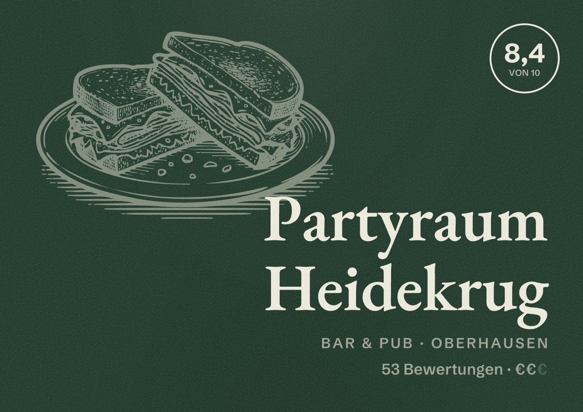 Illustriertes Poster von Partyraum Heidekrug, Bar & Pub in Oberhausen: Bewertung 8,4 von 10 aus 53 Bewertungen, Preisniveau €€
