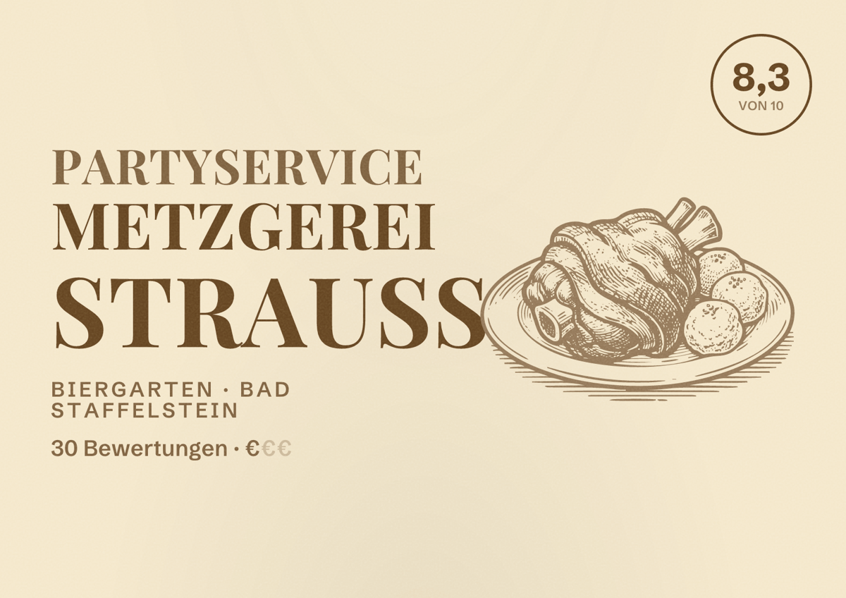 Illustriertes Poster von Partyservice Metzgerei Strauß, Biergarten in Bad Staffelstein: Bewertung 8,3 von 10 aus 30 Bewertungen, Preisniveau €