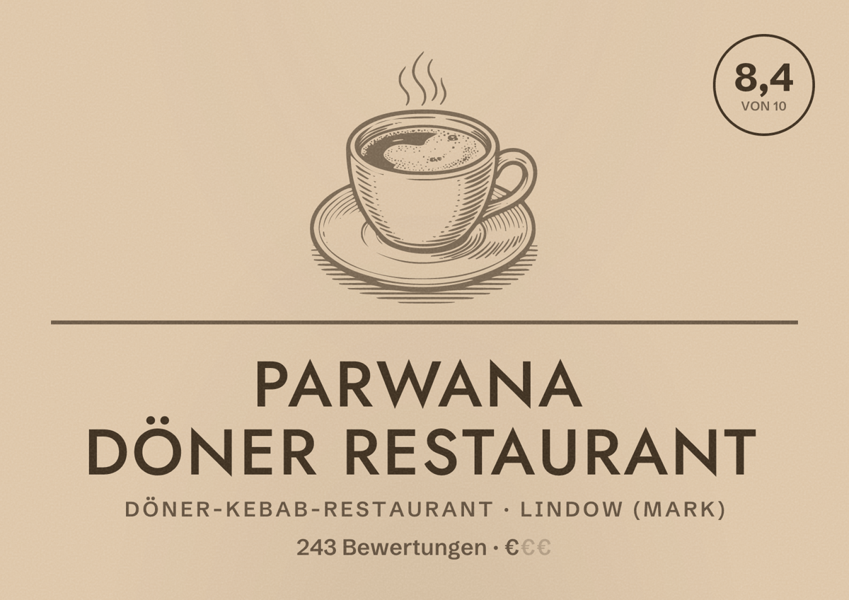 Illustriertes Poster von Parwana Döner Restaurant, Döner-Kebab-Restaurant in Lindow (Mark): Bewertung 8,4 von 10 aus 243 Bewertungen, Preisniveau €