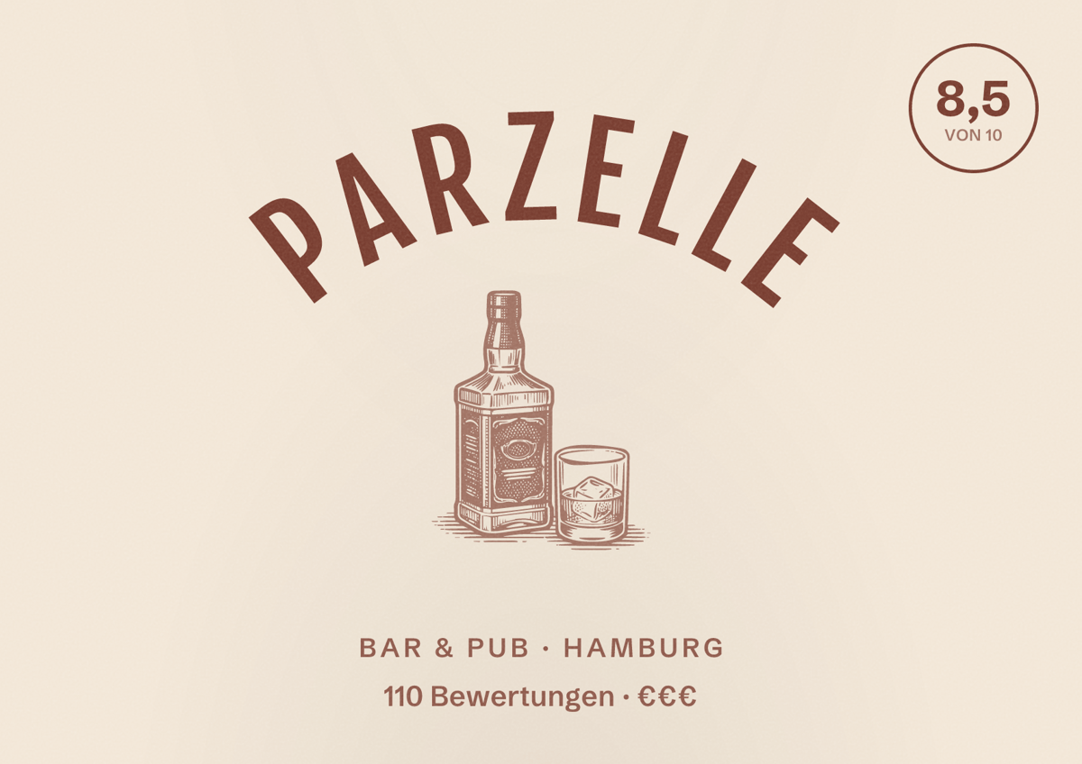 Illustriertes Poster von Parzelle, Bar & Pub in Hamburg: Bewertung 8,5 von 10 aus 110 Bewertungen, Preisniveau €€€