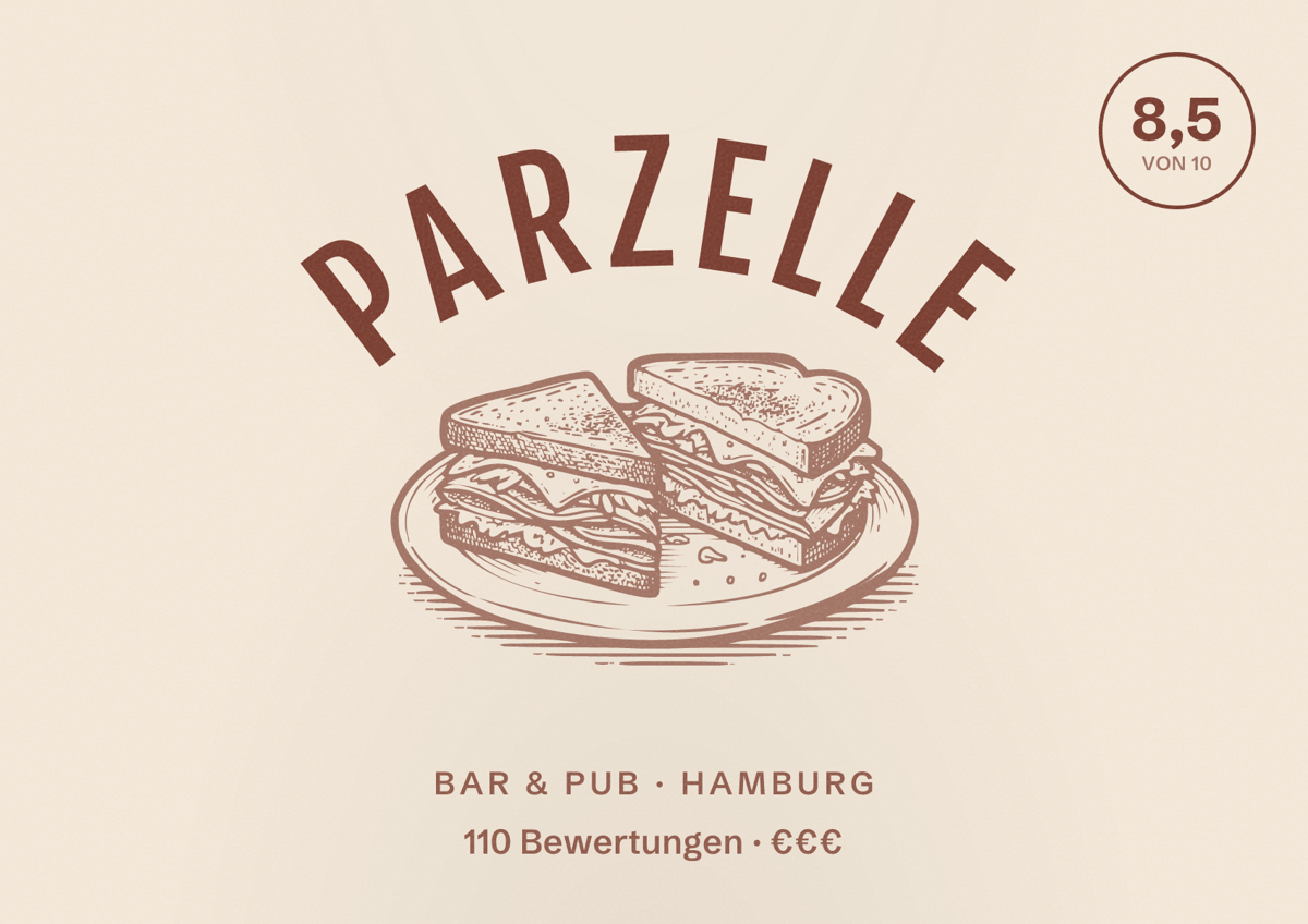 Illustriertes Poster von Parzelle, Bar & Pub in Hamburg: Bewertung 8,5 von 10 aus 110 Bewertungen, Preisniveau €€€
