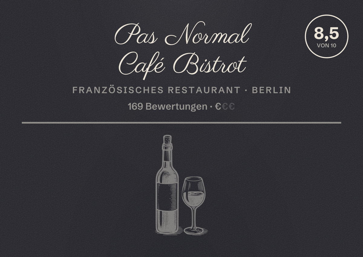 Illustriertes Poster von Pas Normal Café Bistrot, Französisches Restaurant in Berlin: Bewertung 8,5 von 10 aus 169 Bewertungen, Preisniveau €