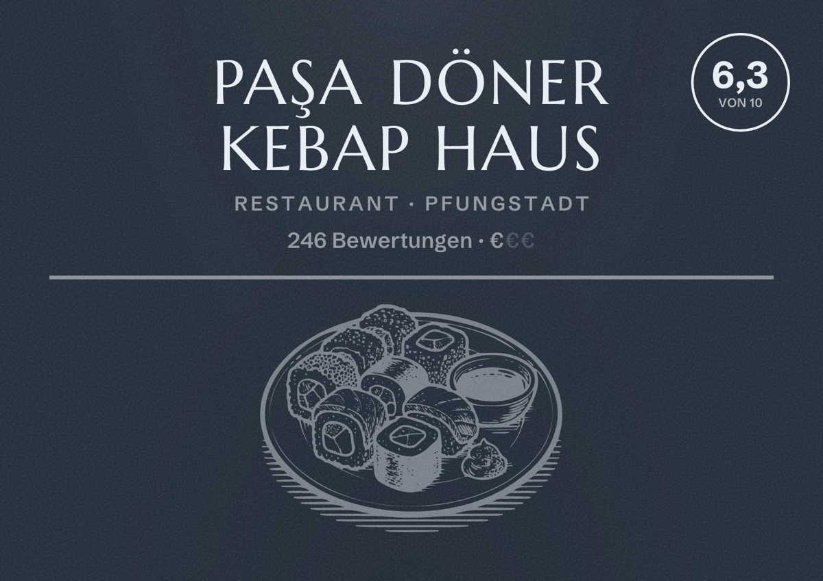 Illustriertes Poster von Paşa Döner kebap haus, Restaurant in Pfungstadt: Bewertung 6,3 von 10 aus 246 Bewertungen, Preisniveau €