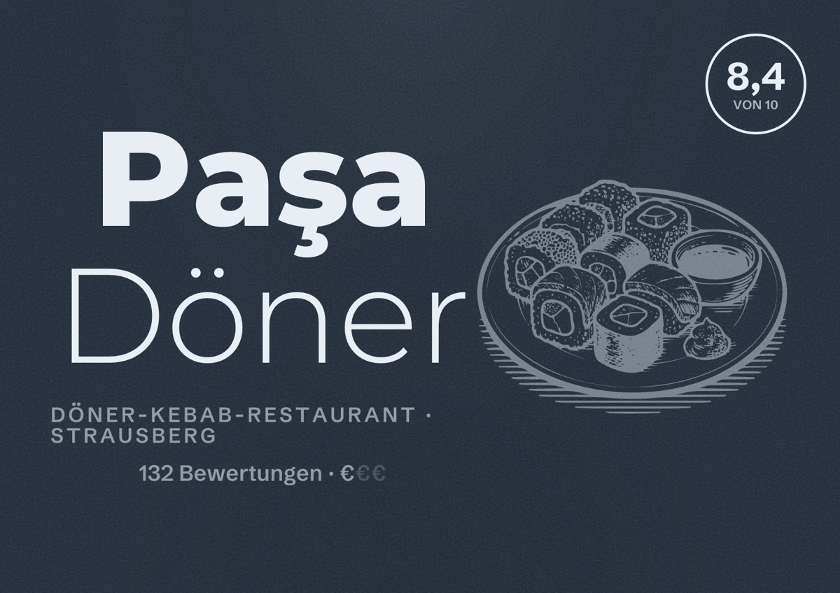 Illustriertes Poster von Paşa Döner, Döner-Kebab-Restaurant in Strausberg: Bewertung 8,4 von 10 aus 132 Bewertungen, Preisniveau €