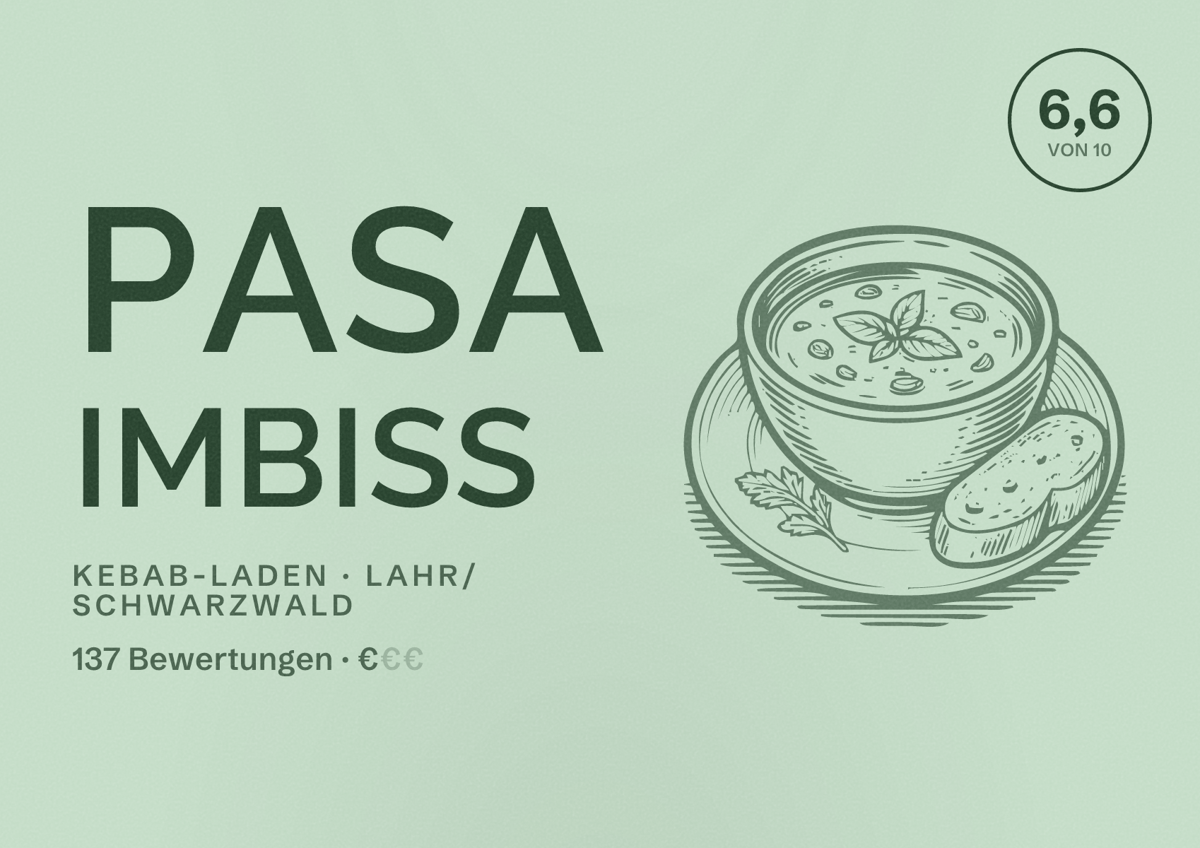 Illustriertes Poster von Pasa Imbiss, Kebab-Laden in Lahr/Schwarzwald: Bewertung 6,6 von 10 aus 137 Bewertungen, Preisniveau €