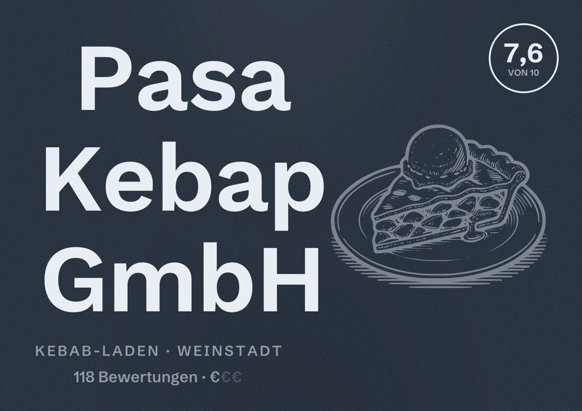 Illustriertes Poster von Pasa Kebap GmbH, Kebab-Laden in Weinstadt: Bewertung 7,6 von 10 aus 118 Bewertungen, Preisniveau €