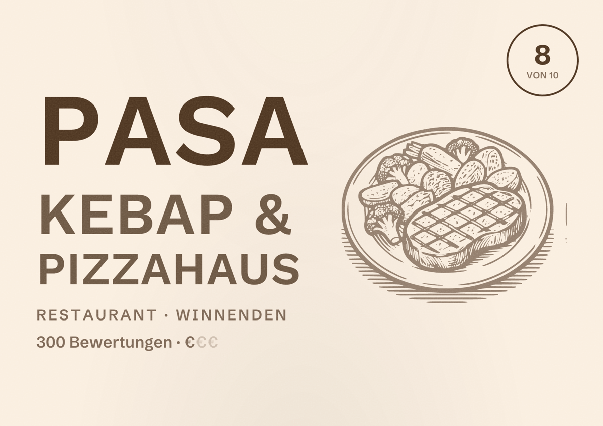 Illustriertes Poster von Pasa Kebap & Pizzahaus, Restaurant in Winnenden: Bewertung 8 von 10 aus 300 Bewertungen, Preisniveau €
