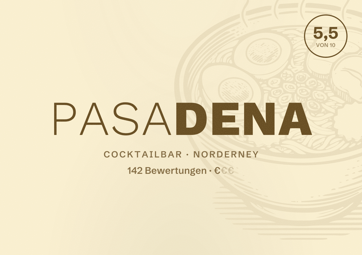 Illustriertes Poster von Pasadena, Cocktailbar in Norderney: Bewertung 5,5 von 10 aus 142 Bewertungen, Preisniveau €