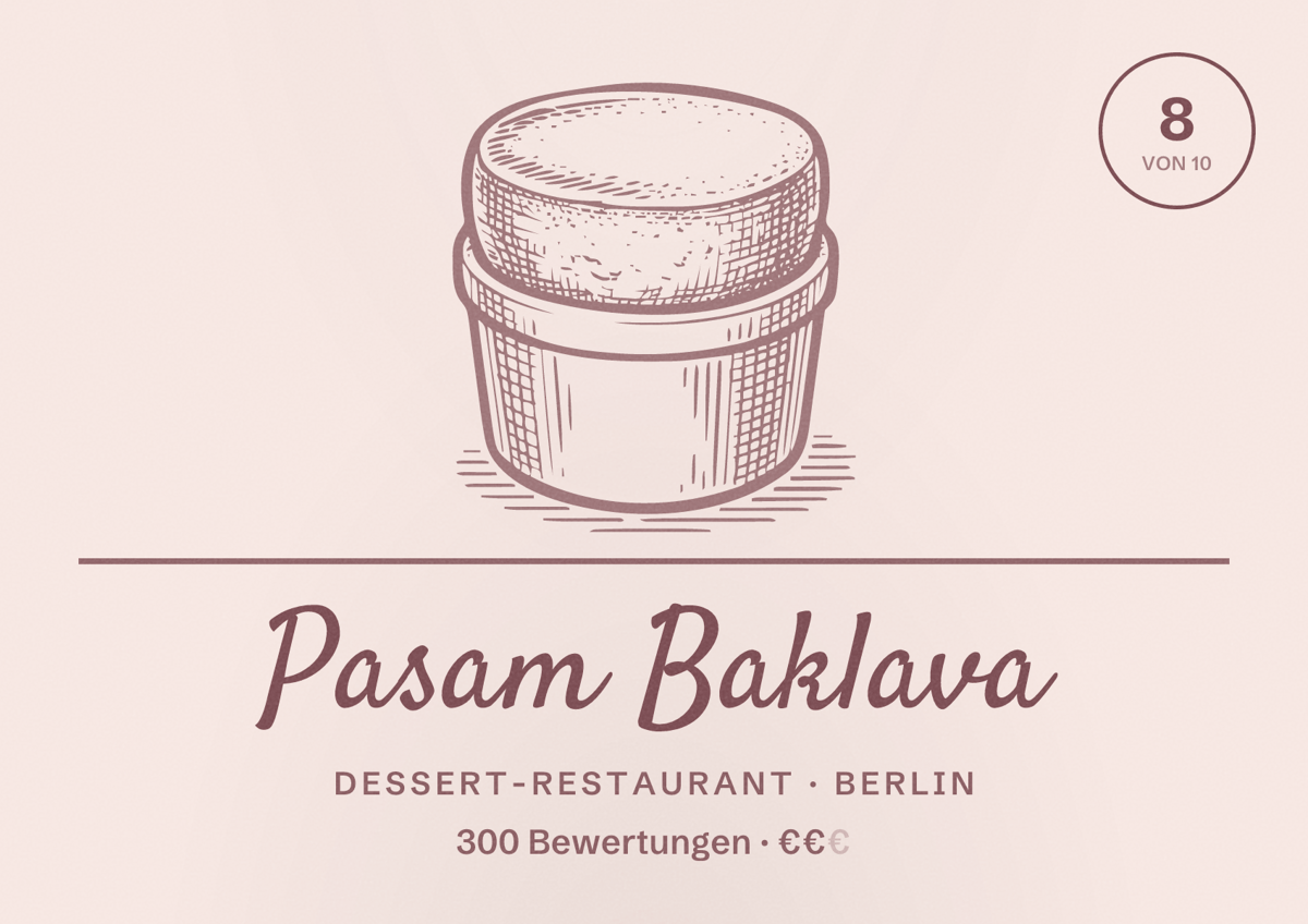 Illustriertes Poster von Pasam Baklava, Dessert-Restaurant in Berlin: Bewertung 8,0 von 10 aus 300 Bewertungen, Preisniveau €€