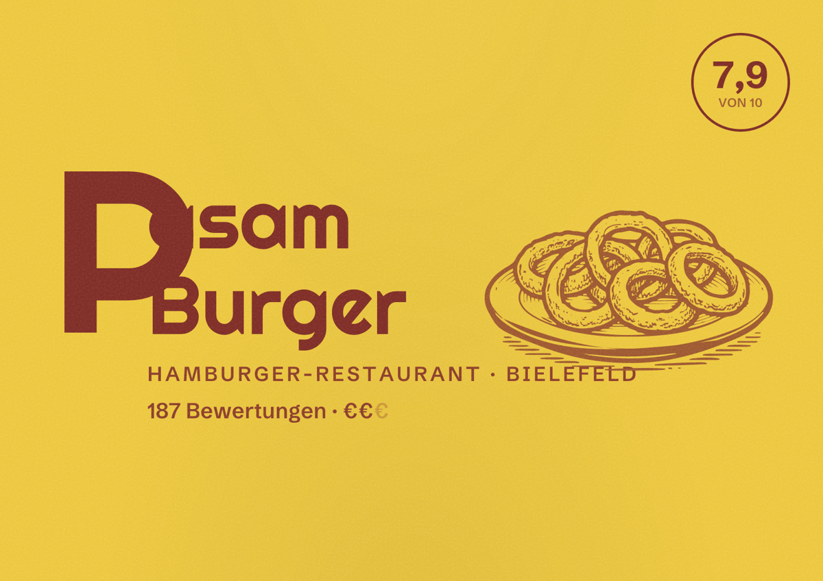 Illustriertes Poster von Pasam Burger, Hamburger-Restaurant in Bielefeld: Bewertung 7,9 von 10 aus 187 Bewertungen, Preisniveau €€