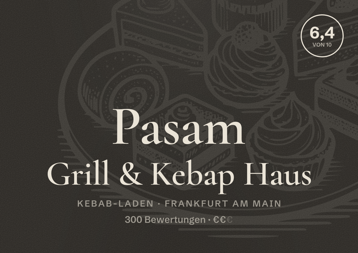 Illustriertes Poster von Pasam Grill & Kebap Haus, Kebab-Laden in Frankfurt am Main: Bewertung 6,4 von 10 aus 300 Bewertungen, Preisniveau €€