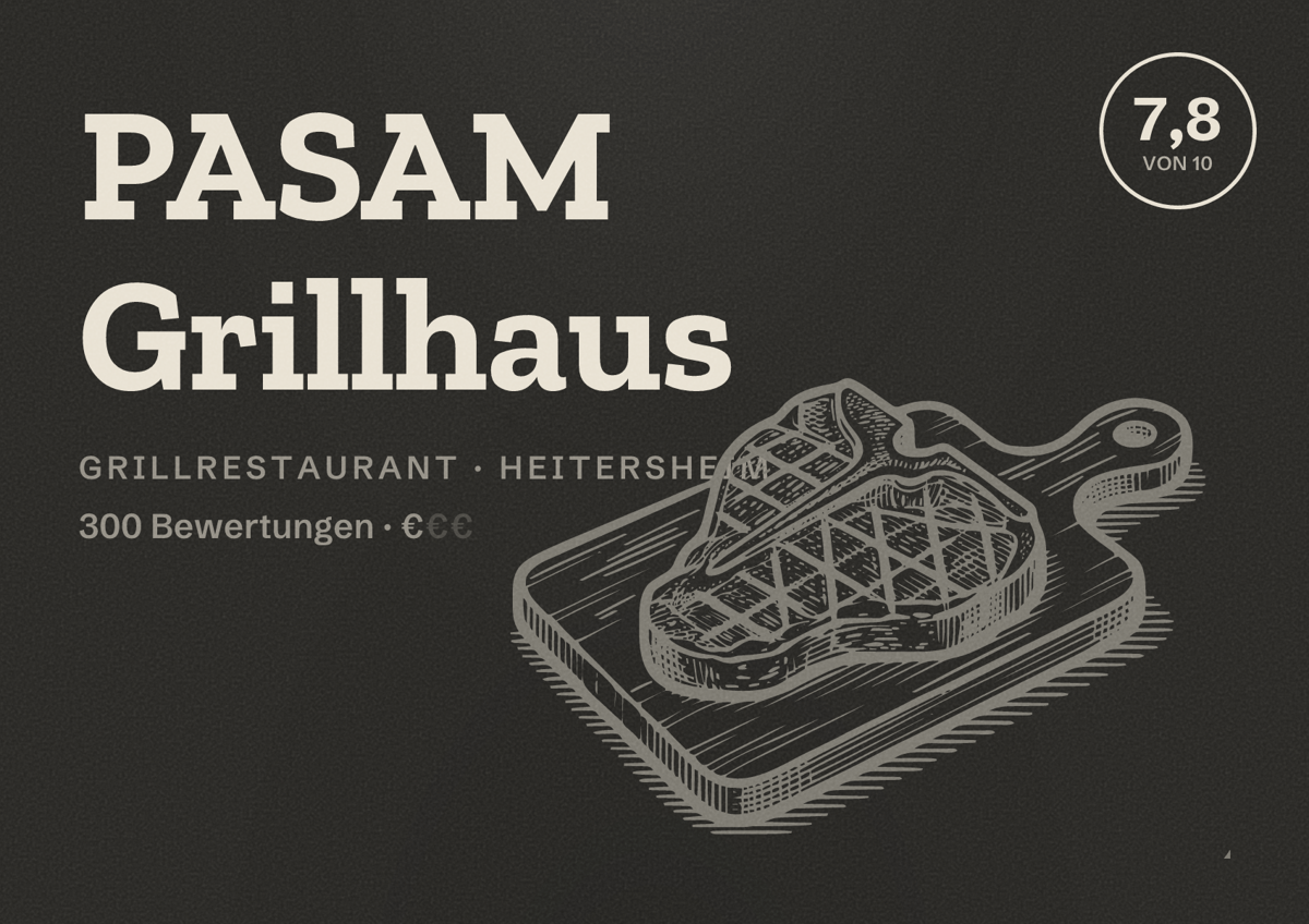 Illustriertes Poster von PASAM Grillhaus, Grillrestaurant in Heitersheim: Bewertung 7,8 von 10 aus 300 Bewertungen, Preisniveau €