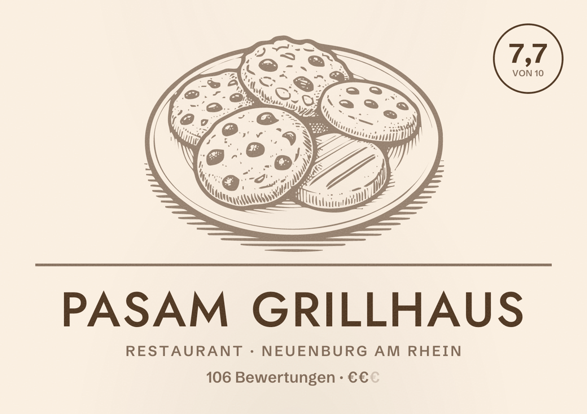 Illustriertes Poster von PASAM Grillhaus, Restaurant in Neuenburg am Rhein: Bewertung 7,7 von 10 aus 106 Bewertungen, Preisniveau €€