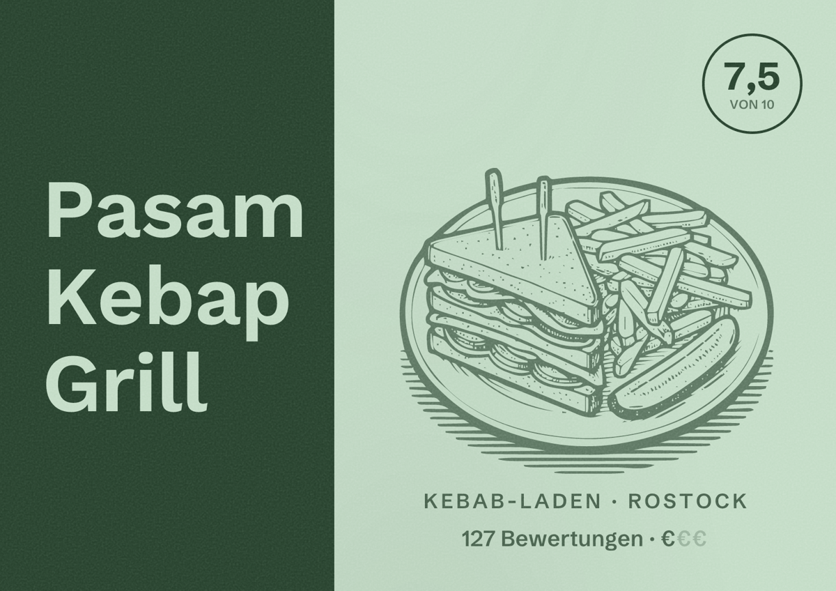 Illustriertes Poster von Pasam Kebap Grill, Kebab-Laden in Rostock: Bewertung 7,5 von 10 aus 127 Bewertungen, Preisniveau €