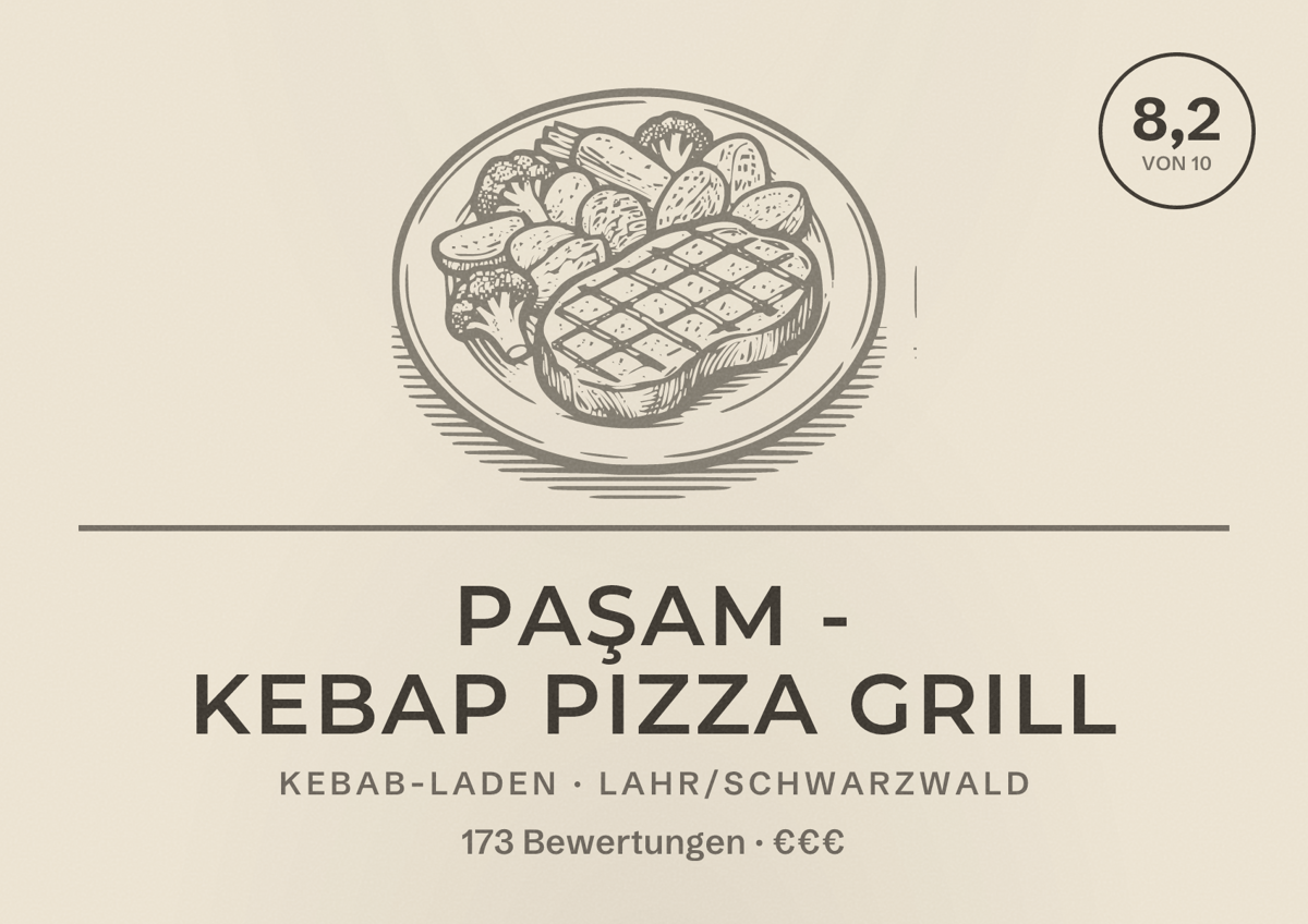 Illustriertes Poster von Paşam - Kebap Pizza Grill, Kebab-Laden in Lahr/Schwarzwald: Bewertung 8,2 von 10 aus 173 Bewertungen, Preisniveau €€€
