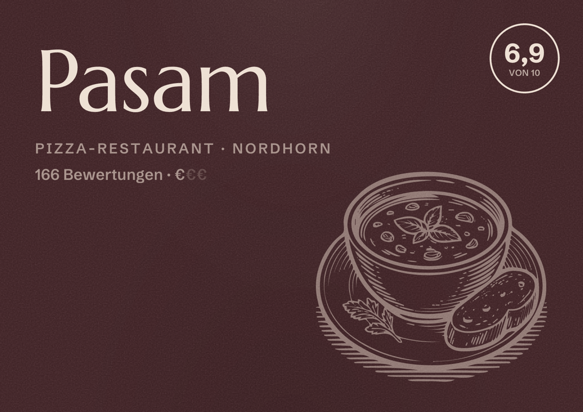 Illustriertes Poster von Pasam, Pizza-Restaurant in Nordhorn: Bewertung 6,9 von 10 aus 166 Bewertungen, Preisniveau €