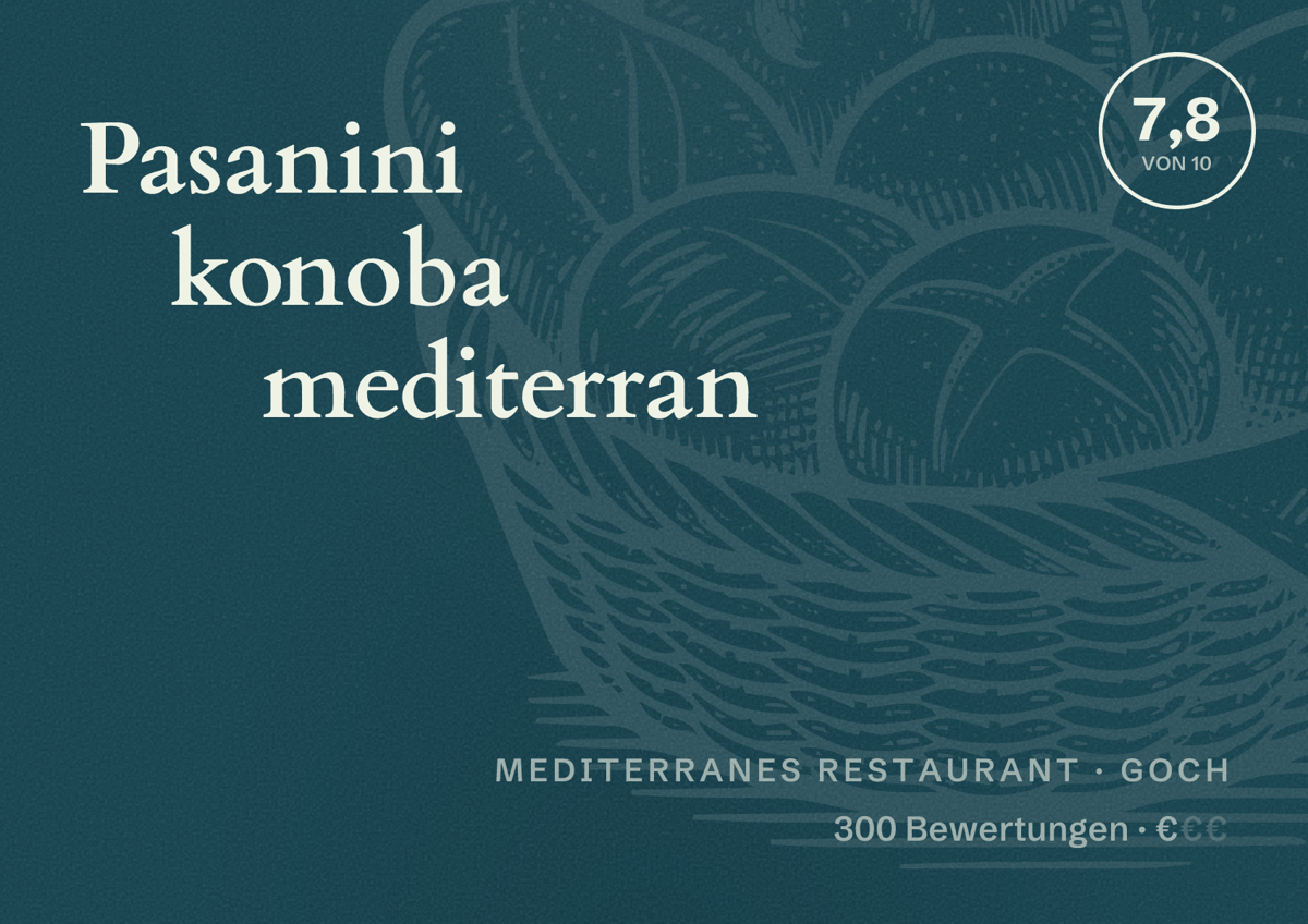Illustriertes Poster von Pasanini konoba mediterran, Mediterranes Restaurant in Goch: Bewertung 7,8 von 10 aus 300 Bewertungen, Preisniveau €