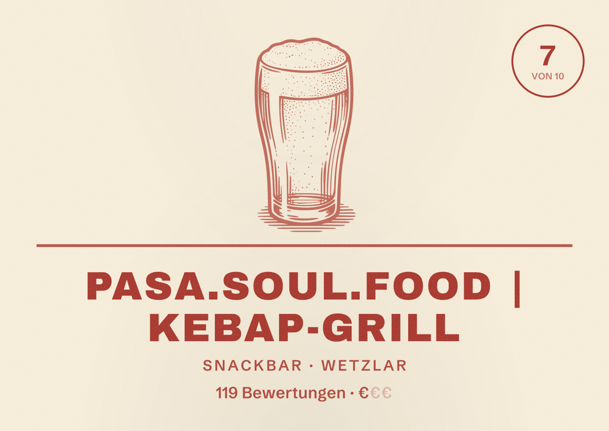 Illustriertes Poster von PASA.SOUL.FOOD | KEBAP-GRILL, Snackbar in Wetzlar: Bewertung 7 von 10 aus 119 Bewertungen, Preisniveau €