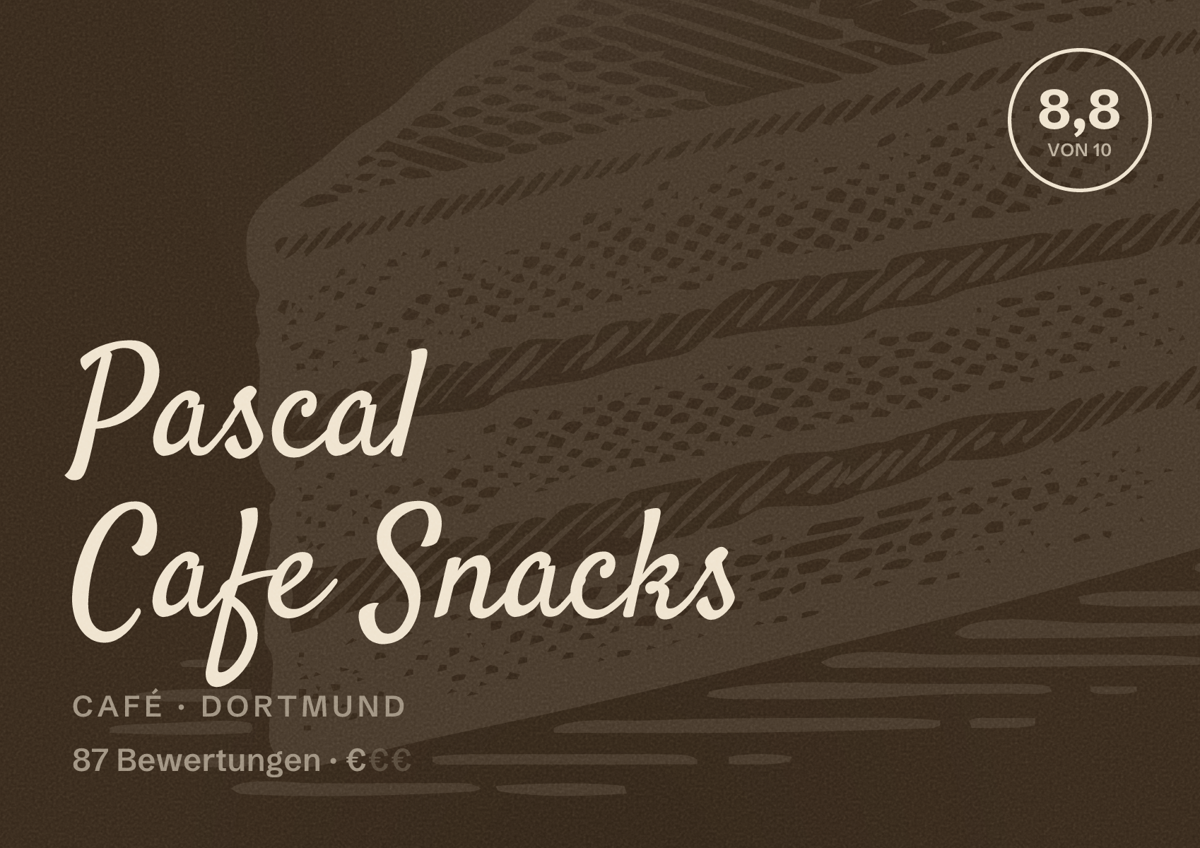 Illustriertes Poster von Pascal Cafe Snacks, Café in Dortmund: Bewertung 8,8 von 10 aus 87 Bewertungen, Preisniveau €