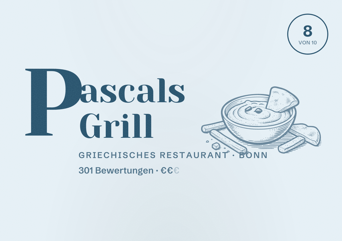 Illustriertes Poster von Pascals Grill, Griechisches Restaurant in Bonn: Bewertung 8 von 10 aus 301 Bewertungen, Preisniveau €€