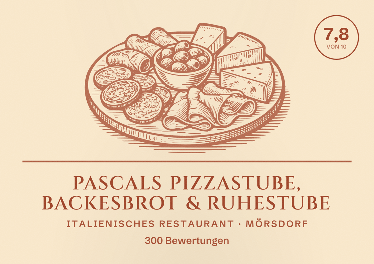 Illustriertes Poster von Pascals Pizzastube, Backesbrot & Ruhestube, Italienisches Restaurant in Mörsdorf: Bewertung 7,8 von 10 aus 300 Bewertungen
