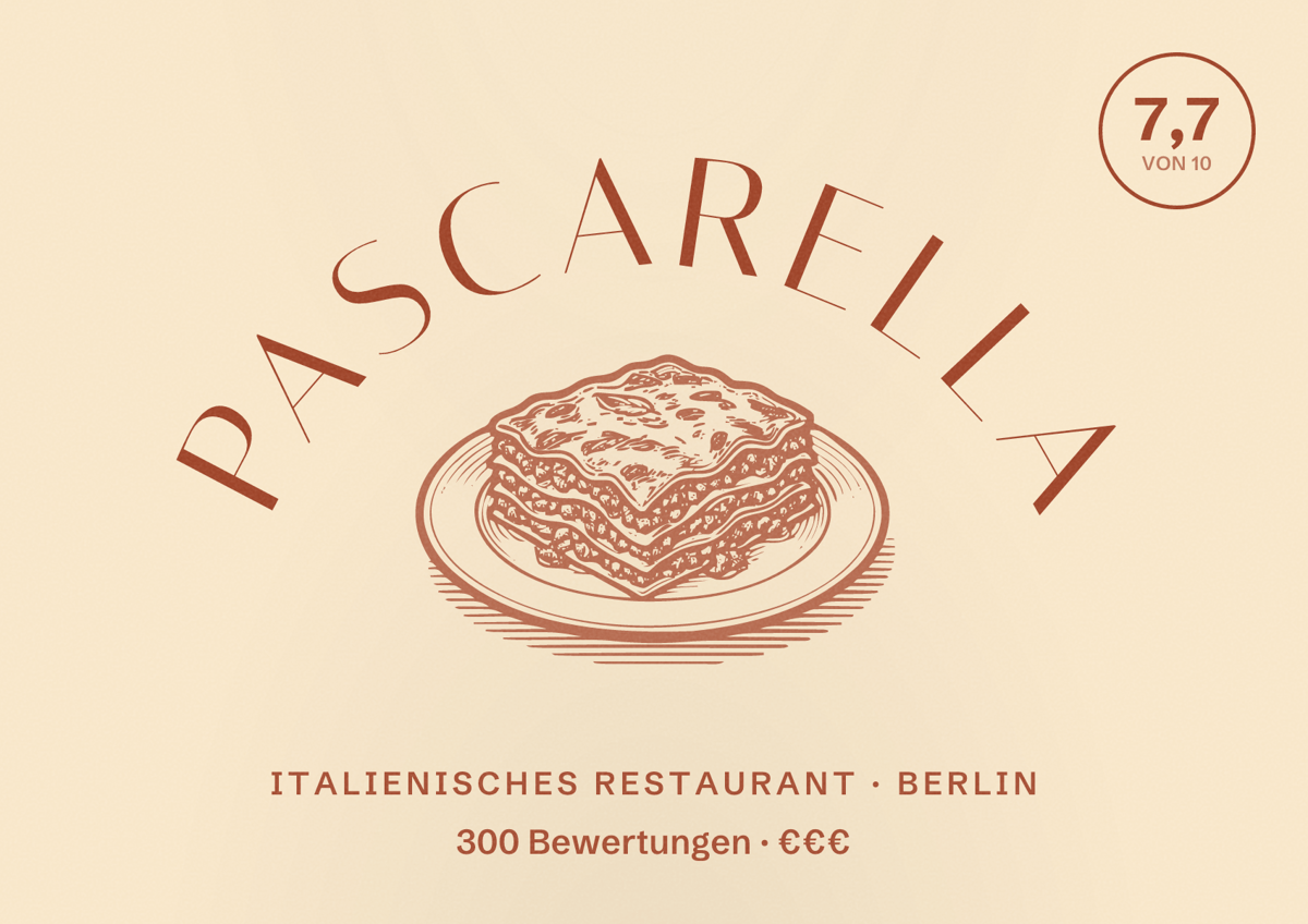 Illustriertes Poster von Pascarella, Italienisches Restaurant in Berlin: Bewertung 7,7 von 10 aus 300 Bewertungen, Preisniveau €€€