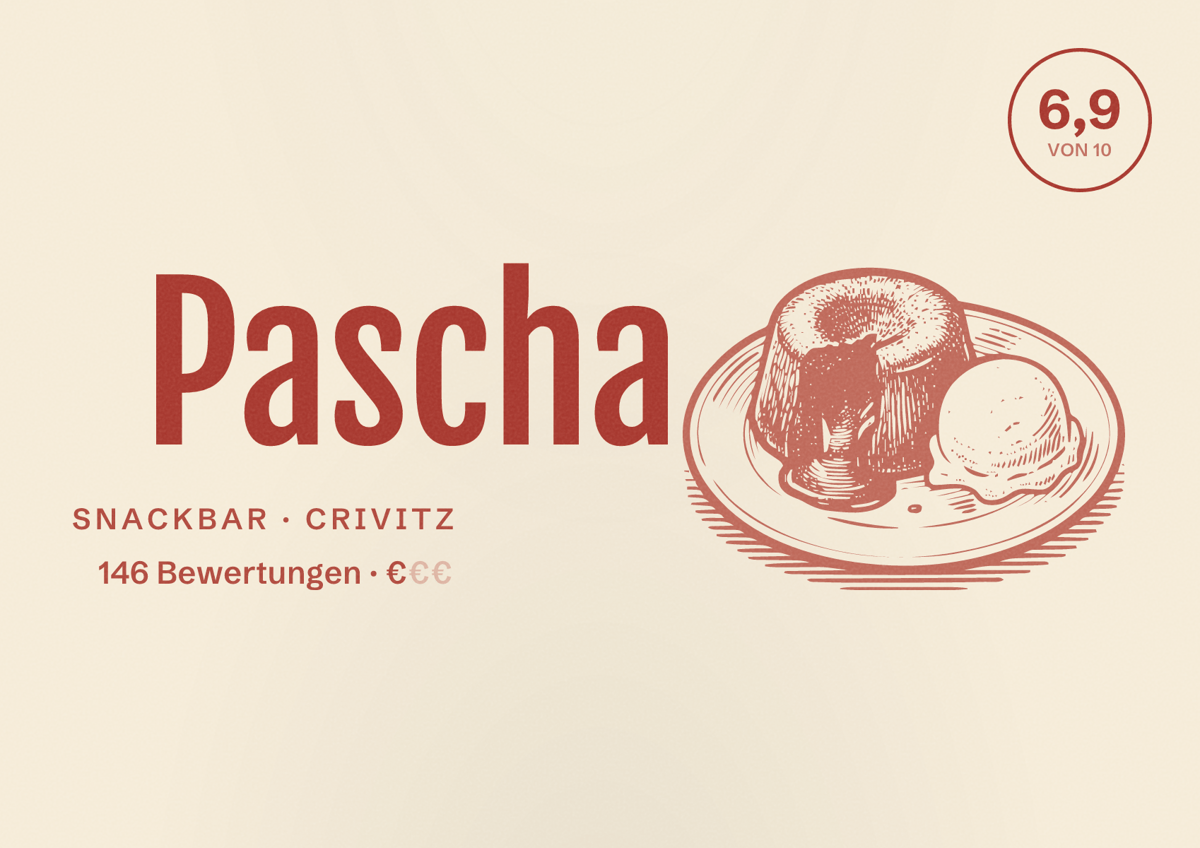 Illustriertes Poster von Pascha, Snackbar in Crivitz: Bewertung 6,9 von 10 aus 146 Bewertungen, Preisniveau €