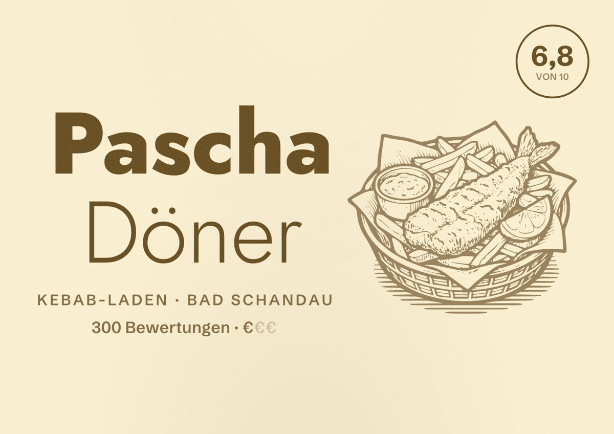 Illustriertes Poster von Pascha Döner, Kebab-Laden in Bad Schandau: Bewertung 6,8 von 10 aus 300 Bewertungen, Preisniveau €