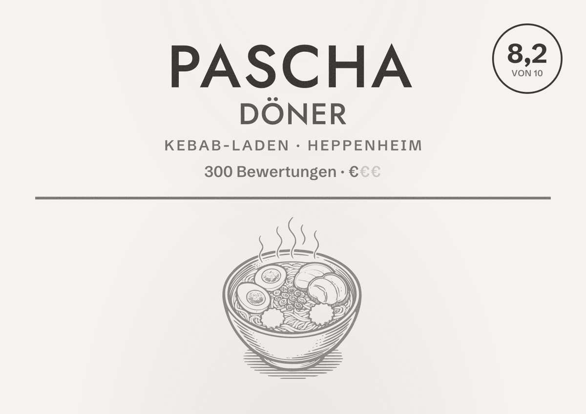 Illustriertes Poster von Pascha Döner, Kebab-Laden in Heppenheim: Bewertung 8,2 von 10 aus 300 Bewertungen, Preisniveau €