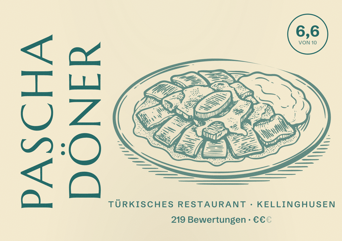 Illustriertes Poster von Pascha Döner, Türkisches Restaurant in Kellinghusen: Bewertung 6,6 von 10 aus 219 Bewertungen, Preisniveau €€