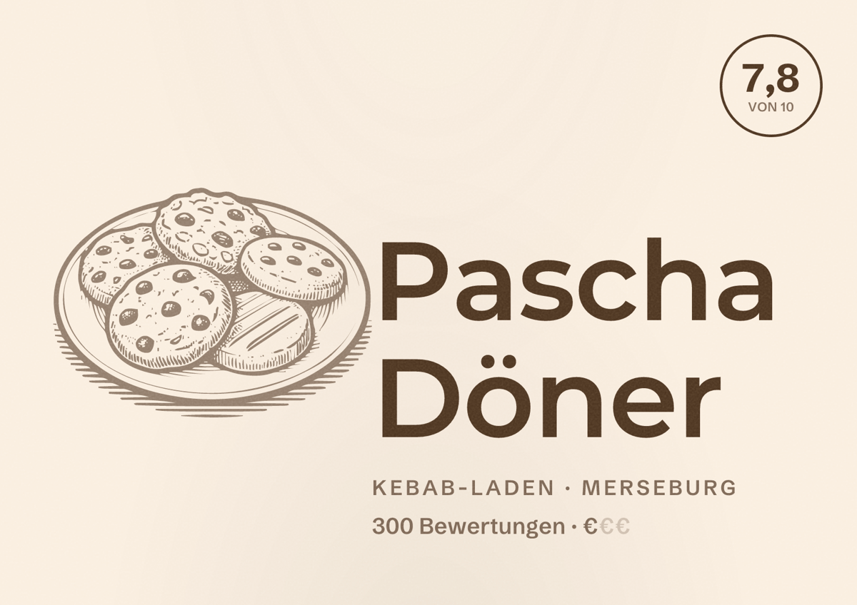 Illustriertes Poster von Pascha Döner, Kebab-Laden in Merseburg: Bewertung 7,8 von 10 aus 300 Bewertungen, Preisniveau €