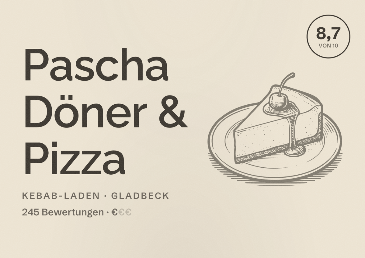 Illustriertes Poster von Pascha Döner & Pizza, Kebab-Laden in Gladbeck: Bewertung 8,7 von 10 aus 245 Bewertungen, Preisniveau €