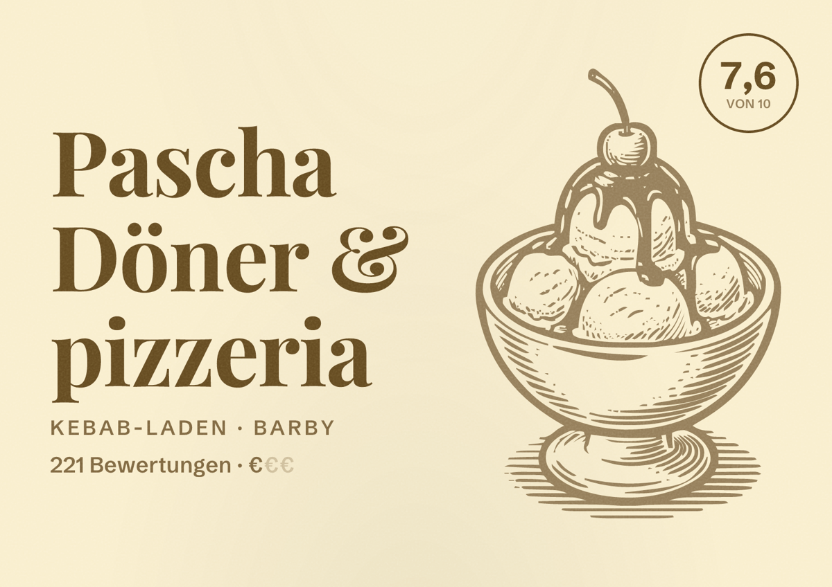Illustriertes Poster von Pascha Döner & pizzeria, Kebab-Laden in Barby: Bewertung 7,6 von 10 aus 221 Bewertungen, Preisniveau €
