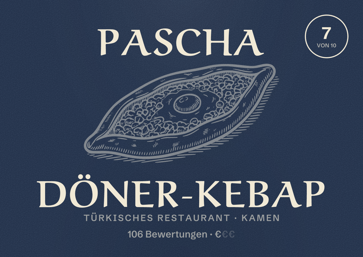 Illustriertes Poster von Pascha Döner-Kebap, Türkisches Restaurant in Kamen: Bewertung 7 von 10 aus 106 Bewertungen, Preisniveau €