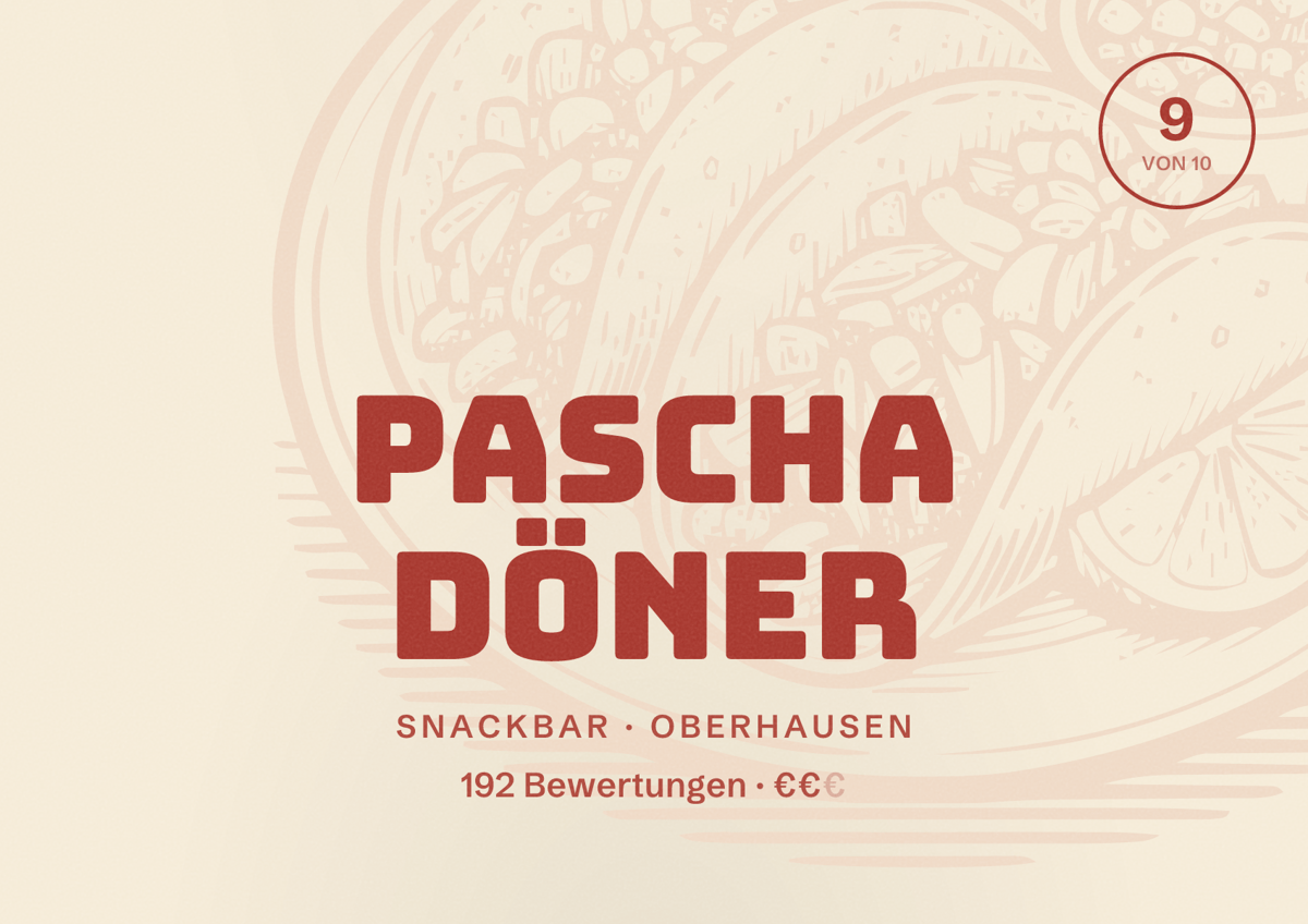 Illustriertes Poster von Pascha Döner, Snackbar in Oberhausen: Bewertung 9 von 10 aus 192 Bewertungen, Preisniveau €€