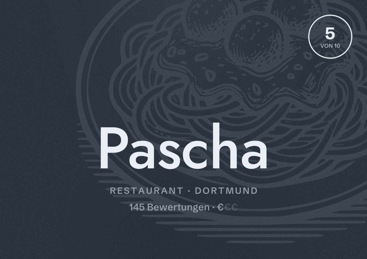 Illustriertes Poster von Pascha, Restaurant in Dortmund: Bewertung 5,0 von 10 aus 145 Bewertungen, Preisniveau €