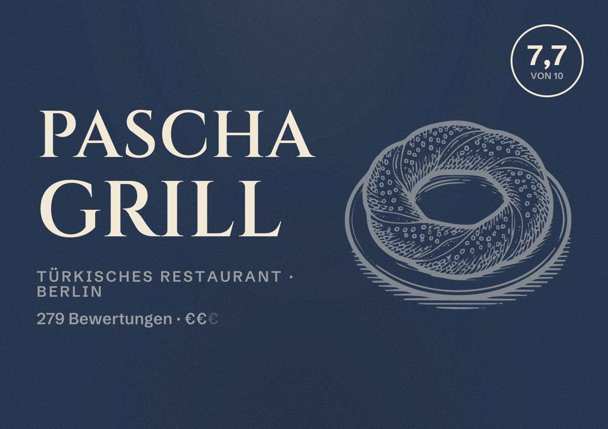 Illustriertes Poster von Pascha Grill, Türkisches Restaurant in Berlin: Bewertung 7,7 von 10 aus 279 Bewertungen, Preisniveau €€