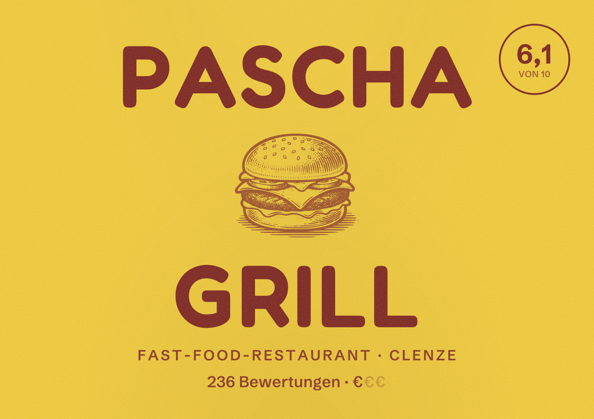 Illustriertes Poster von Pascha Grill, Fast-Food-Restaurant in Clenze: Bewertung 6,1 von 10 aus 236 Bewertungen, Preisniveau €