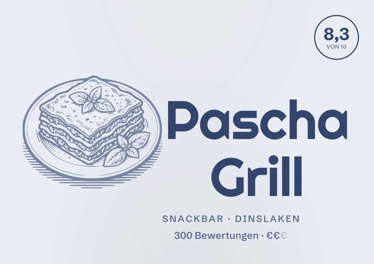 Illustriertes Poster von Pascha Grill, Snackbar in Dinslaken: Bewertung 8,3 von 10 aus 300 Bewertungen, Preisniveau €€