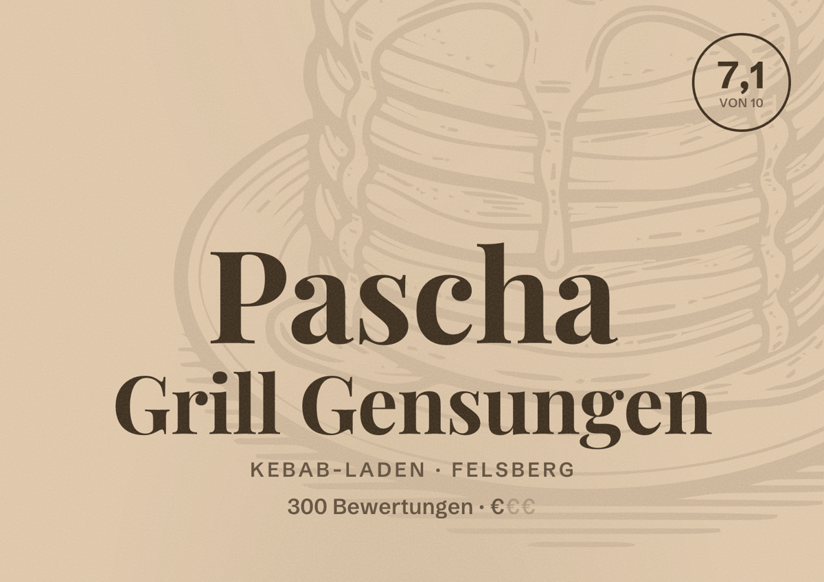 Illustriertes Poster von Pascha Grill Gensungen, Kebab-Laden in Felsberg: Bewertung 7,1 von 10 aus 300 Bewertungen, Preisniveau €