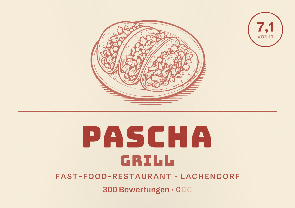 Illustriertes Poster von Pascha Grill, Fast-Food-Restaurant in Lachendorf: Bewertung 7,1 von 10 aus 300 Bewertungen, Preisniveau €