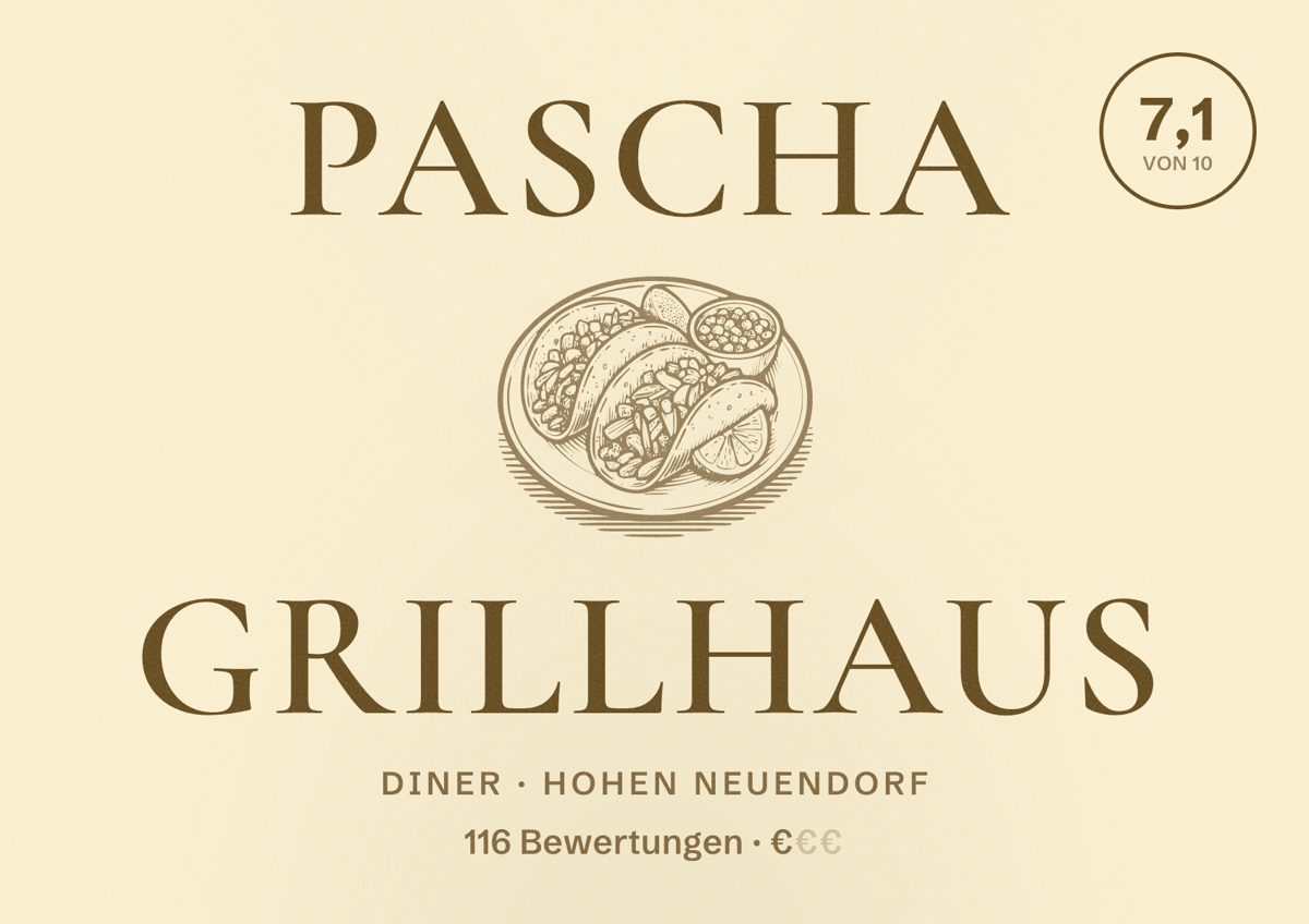 Illustriertes Poster von Pascha Grillhaus, Diner in Hohen Neuendorf: Bewertung 7,1 von 10 aus 116 Bewertungen, Preisniveau €